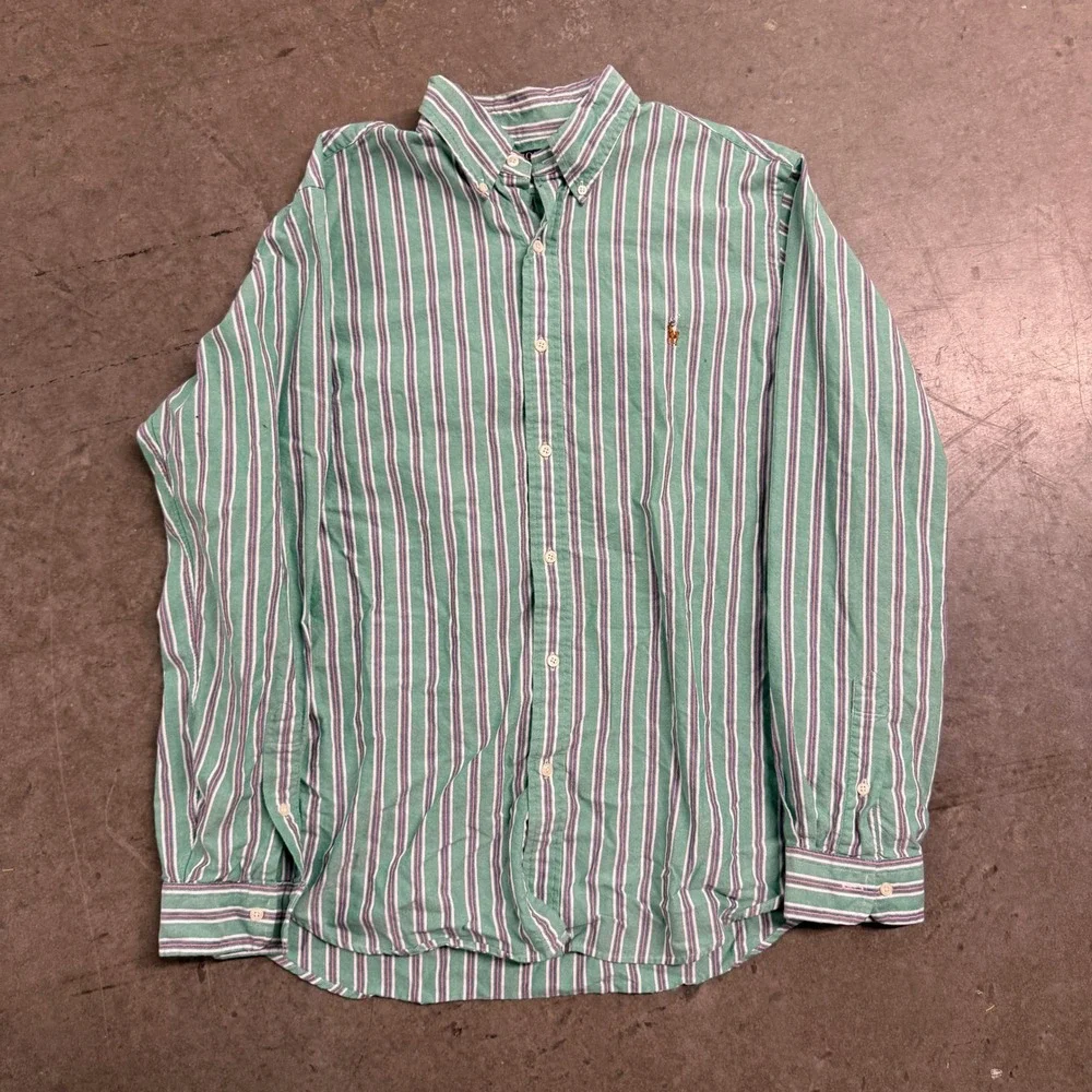 Polo Ralph Lauren Mens XL Classic Fit Striped Button Down Shirt Green White Blue